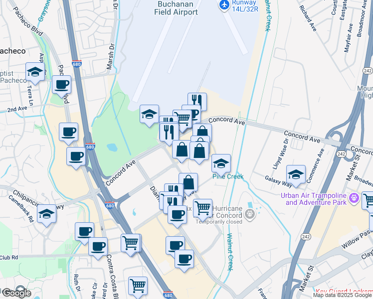 map of restaurants, bars, coffee shops, grocery stores, and more near 1110 Burnett Ave in Concord