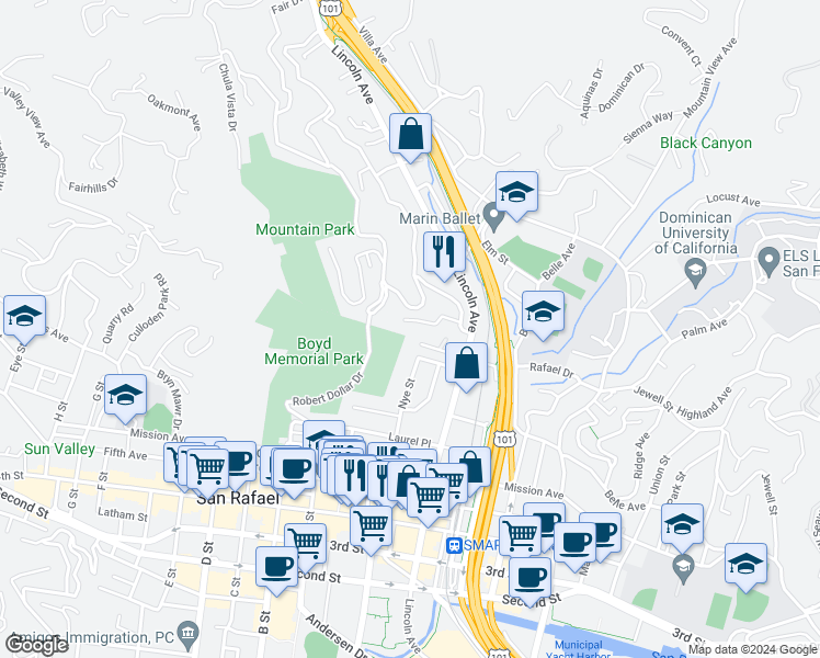 map of restaurants, bars, coffee shops, grocery stores, and more near 355 Paloma Avenue in San Rafael