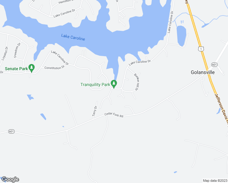 map of restaurants, bars, coffee shops, grocery stores, and more near 93 Lake Caroline Drive in Ruther Glen