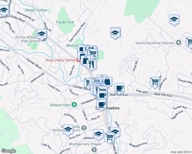 map of restaurants, bars, coffee shops, grocery stores, and more near 2 Loma Robles Drive in San Anselmo