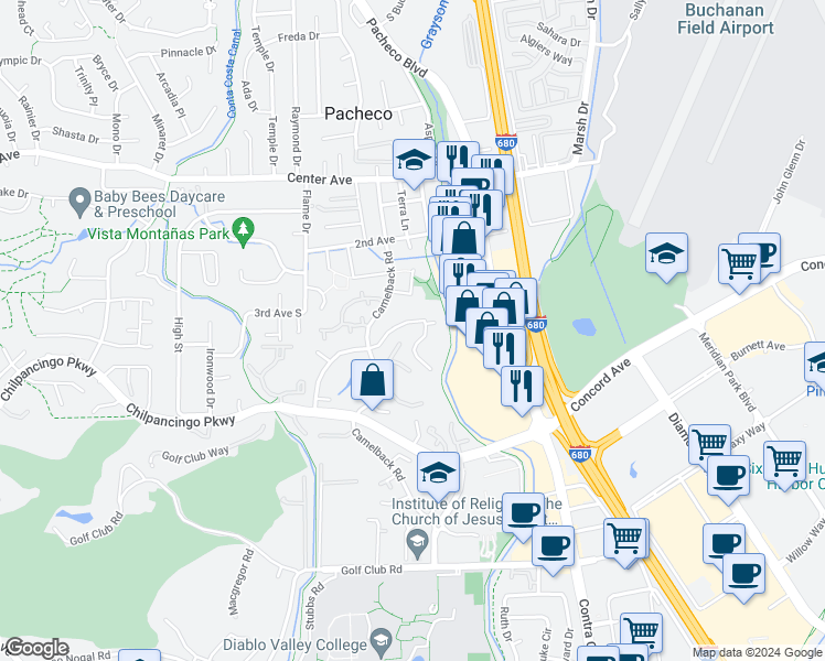 map of restaurants, bars, coffee shops, grocery stores, and more near 200 Suntree Lane in Pleasant Hill