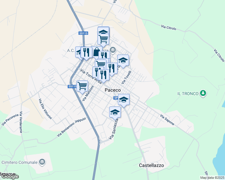 map of restaurants, bars, coffee shops, grocery stores, and more near 100 Via Torre Arsa in Paceco