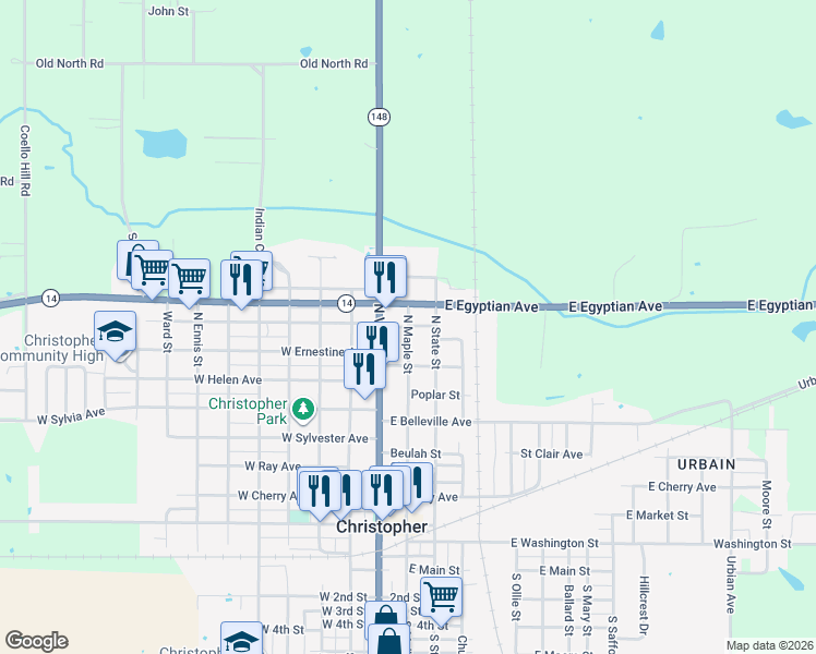 map of restaurants, bars, coffee shops, grocery stores, and more near Adelaide Avenue in Christopher