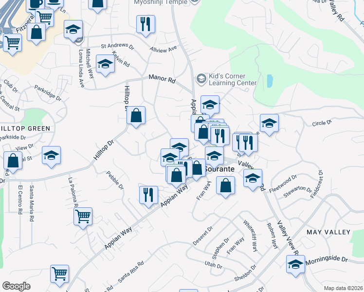 map of restaurants, bars, coffee shops, grocery stores, and more near 534 Rincon Road in El Sobrante
