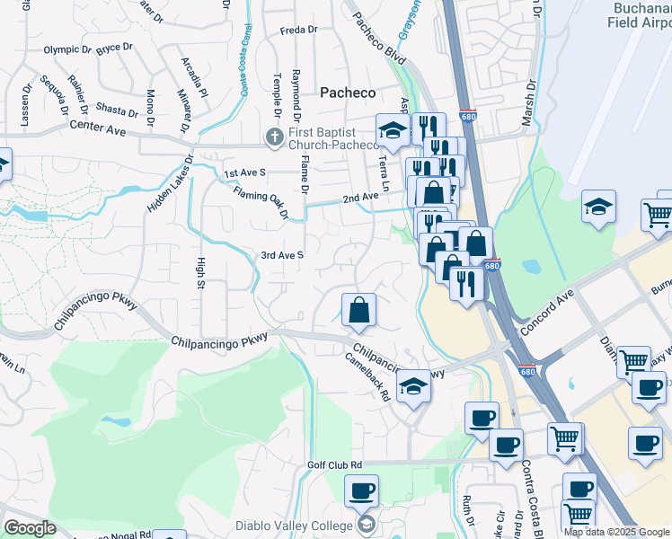 map of restaurants, bars, coffee shops, grocery stores, and more near 896 Camelback Place in Pleasant Hill