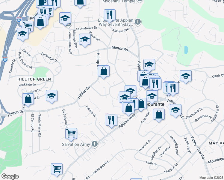 map of restaurants, bars, coffee shops, grocery stores, and more near 127 Renfrew Court in El Sobrante