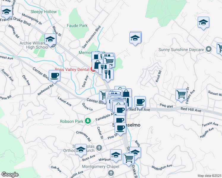 map of restaurants, bars, coffee shops, grocery stores, and more near 2 Loma Robles Drive in San Anselmo