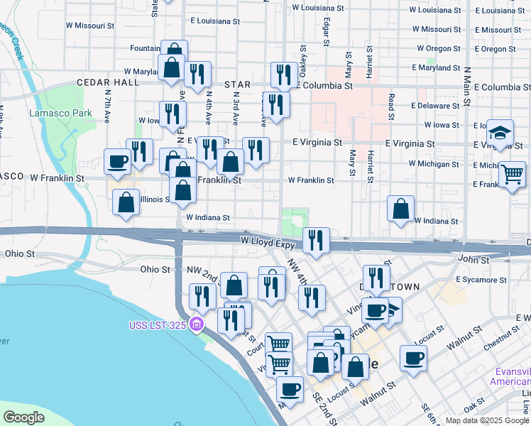 map of restaurants, bars, coffee shops, grocery stores, and more near 821 W Indiana St in Evansville