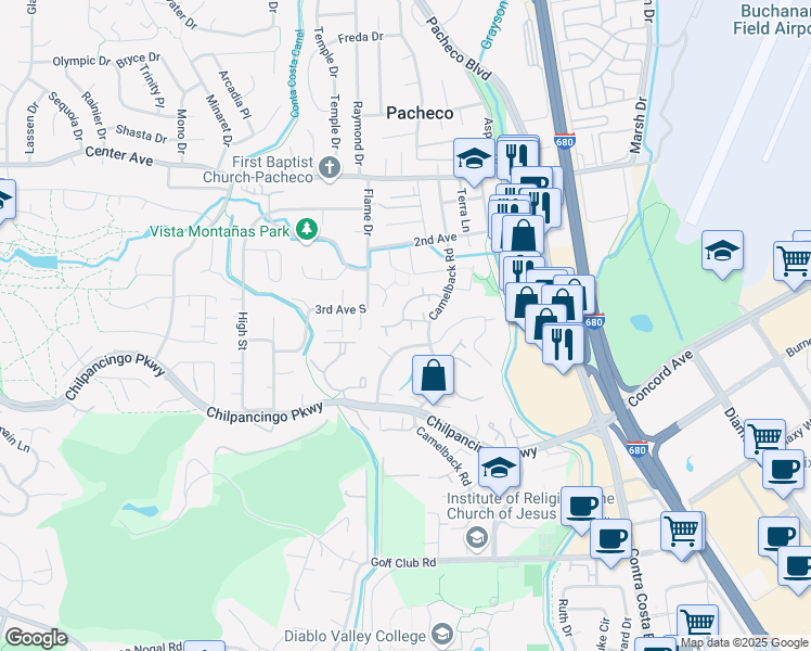 map of restaurants, bars, coffee shops, grocery stores, and more near 896 Camelback Place in Pleasant Hill