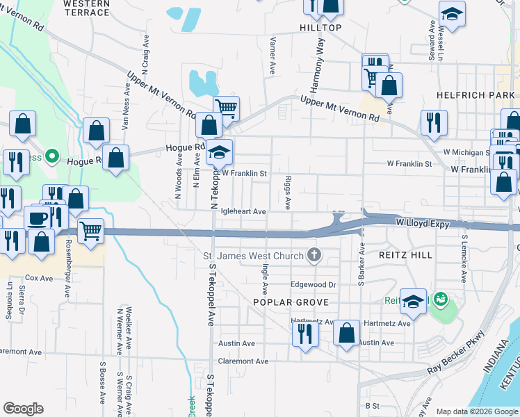 map of restaurants, bars, coffee shops, grocery stores, and more near 3318 Igleheart Avenue in Evansville