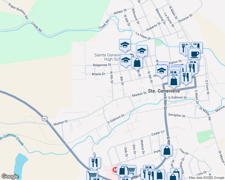 map of restaurants, bars, coffee shops, grocery stores, and more near 3 South 9th Street in Ste. Genevieve