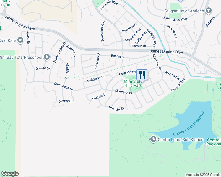 map of restaurants, bars, coffee shops, grocery stores, and more near 2377 Hilliard Circle in Antioch