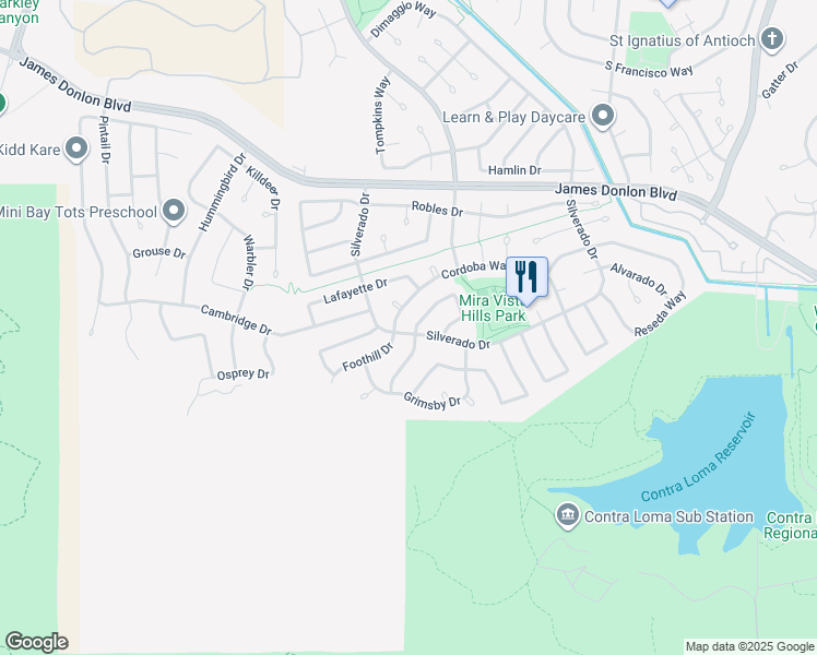 map of restaurants, bars, coffee shops, grocery stores, and more near 2377 Hilliard Circle in Antioch