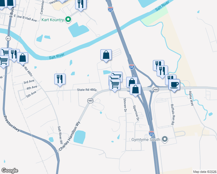 map of restaurants, bars, coffee shops, grocery stores, and more near 610 Cedar Grove Road in Shepherdsville