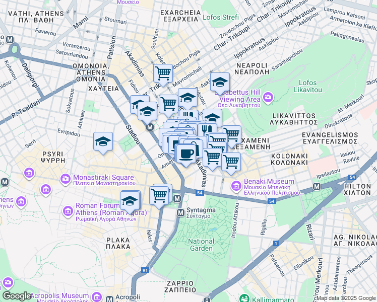 map of restaurants, bars, coffee shops, grocery stores, and more near in Athens