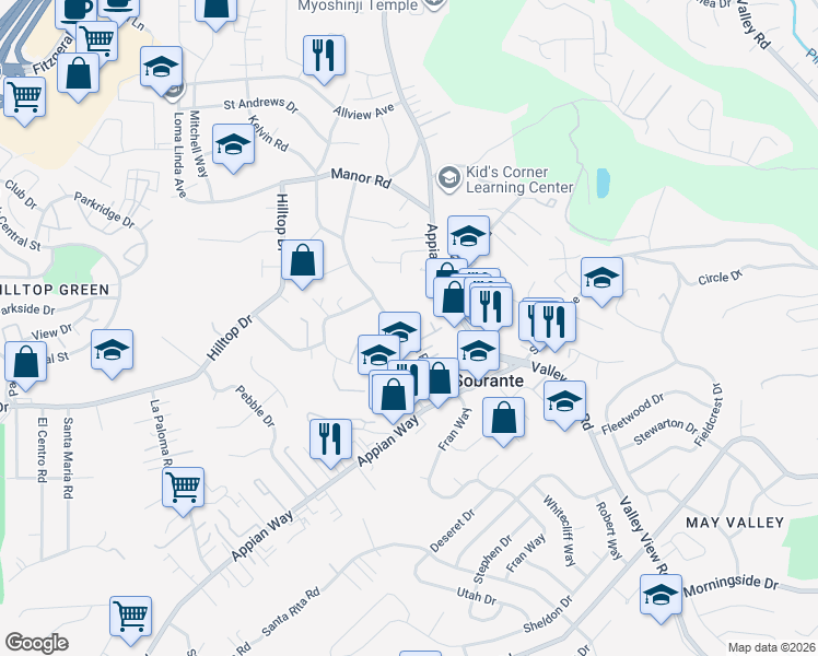 map of restaurants, bars, coffee shops, grocery stores, and more near 534 Rincon Road in El Sobrante