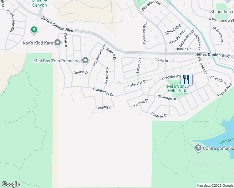 map of restaurants, bars, coffee shops, grocery stores, and more near 2416 Cambridge Drive in Antioch