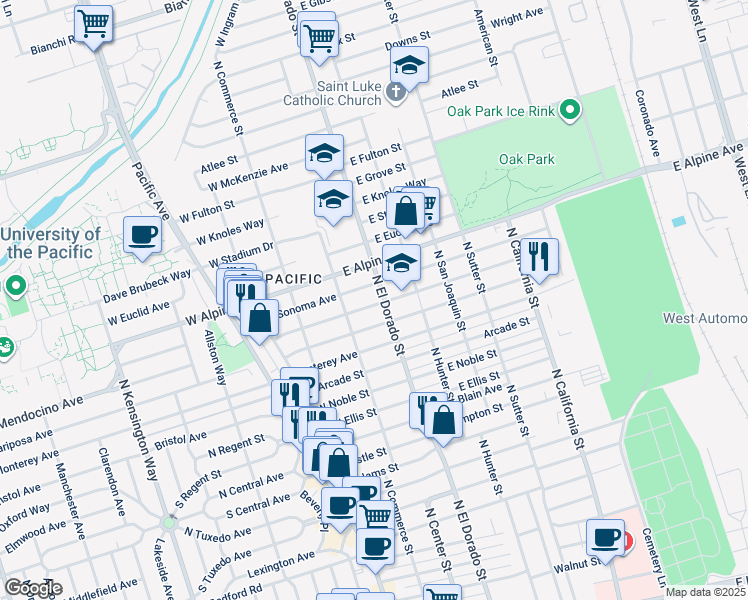map of restaurants, bars, coffee shops, grocery stores, and more near 51 East Mendocino Avenue in Stockton