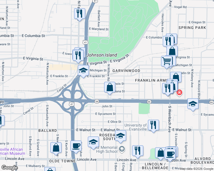 map of restaurants, bars, coffee shops, grocery stores, and more near 120 North Willow Road in Evansville
