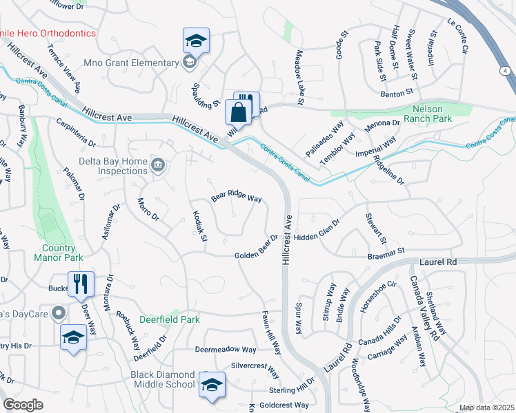 map of restaurants, bars, coffee shops, grocery stores, and more near 3336 Lair Way in Antioch