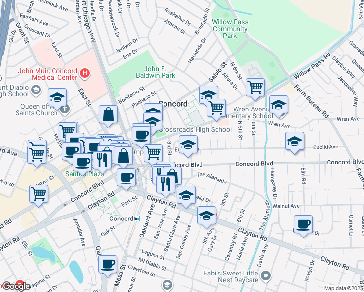map of restaurants, bars, coffee shops, grocery stores, and more near 2875 Euclid Avenue in Concord