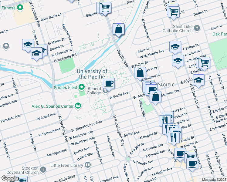 map of restaurants, bars, coffee shops, grocery stores, and more near 825 West Euclid Avenue in Stockton