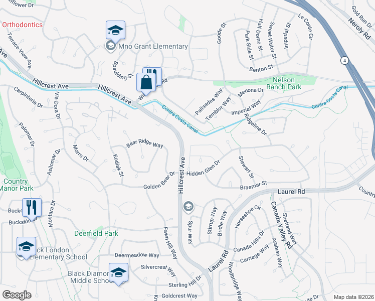 map of restaurants, bars, coffee shops, grocery stores, and more near 4499 Piper Way in Antioch