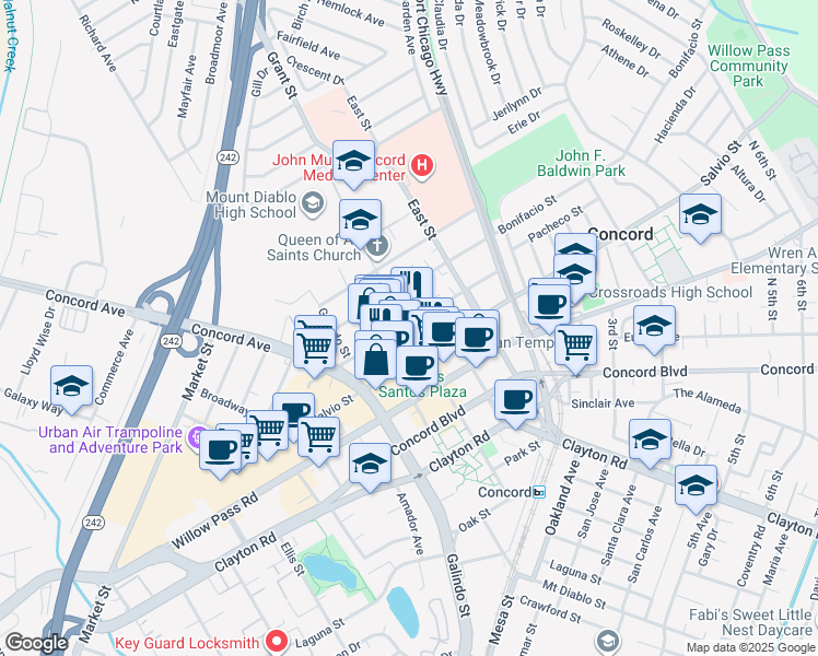 map of restaurants, bars, coffee shops, grocery stores, and more near 2151 Grant Street in Concord