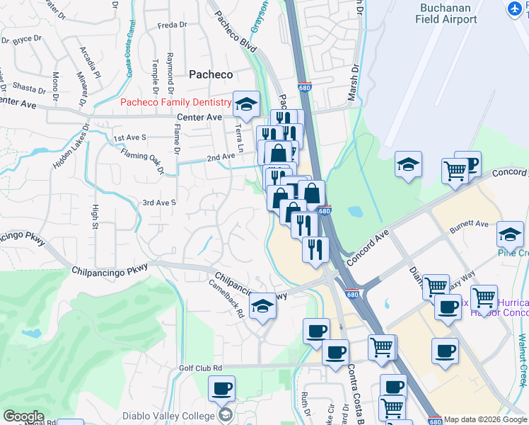 map of restaurants, bars, coffee shops, grocery stores, and more near 100 Suntree Lane in Pleasant Hill