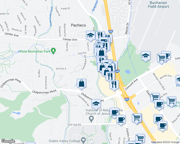 map of restaurants, bars, coffee shops, grocery stores, and more near 519 Camelback Road in Pleasant Hill