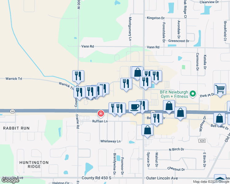 map of restaurants, bars, coffee shops, grocery stores, and more near 8797 High Pointe Drive in Newburgh