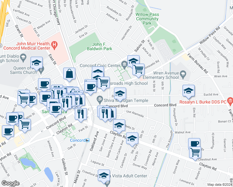 map of restaurants, bars, coffee shops, grocery stores, and more near 2875 Euclid Avenue in Concord