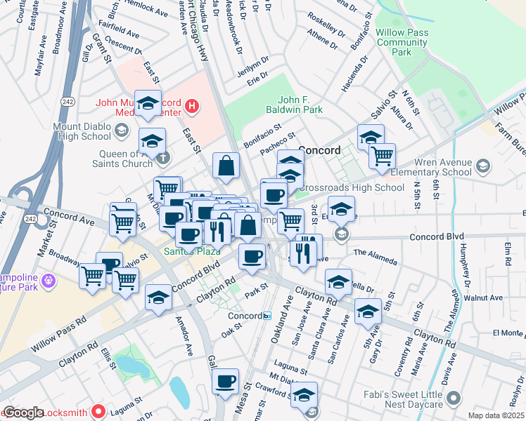 map of restaurants, bars, coffee shops, grocery stores, and more near 2593 Willow Pass Road in Concord