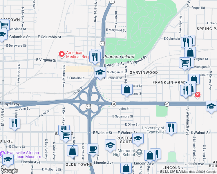 map of restaurants, bars, coffee shops, grocery stores, and more near 1236 East Indiana Street in Evansville
