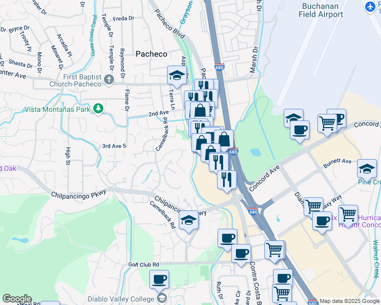 map of restaurants, bars, coffee shops, grocery stores, and more near 100 Suntree Lane in Pleasant Hill