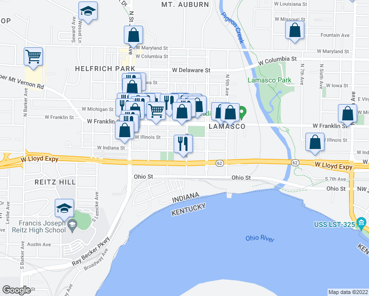 map of restaurants, bars, coffee shops, grocery stores, and more near 2103 West Indiana Street in Evansville