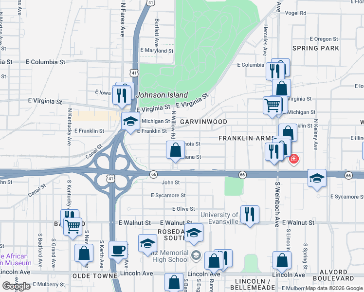 map of restaurants, bars, coffee shops, grocery stores, and more near 120 North Willow Road in Evansville