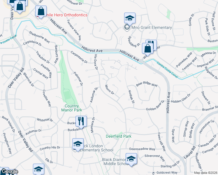 map of restaurants, bars, coffee shops, grocery stores, and more near 2850 Morro Drive in Antioch
