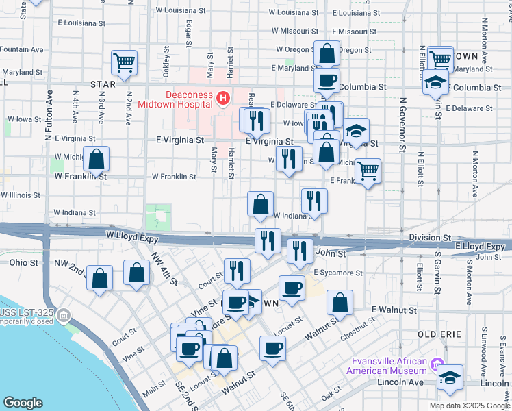 map of restaurants, bars, coffee shops, grocery stores, and more near 111 Read Street in Evansville