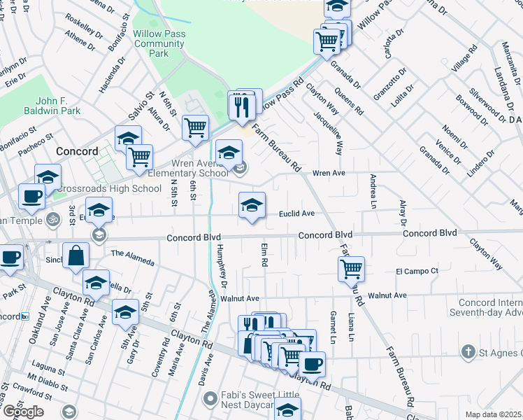 map of restaurants, bars, coffee shops, grocery stores, and more near 3399 Euclid Avenue in Concord