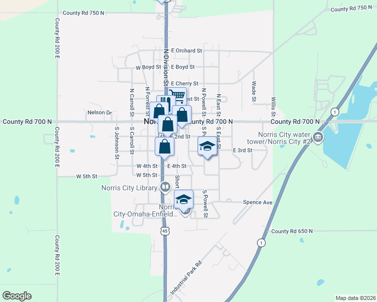 map of restaurants, bars, coffee shops, grocery stores, and more near 301 East 3rd Street in Norris City