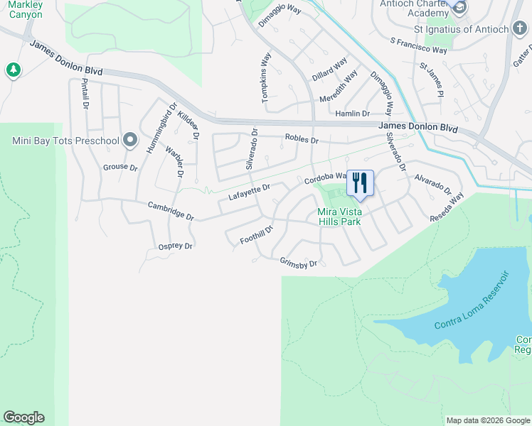 map of restaurants, bars, coffee shops, grocery stores, and more near 2305 Chardonnay Way in Antioch