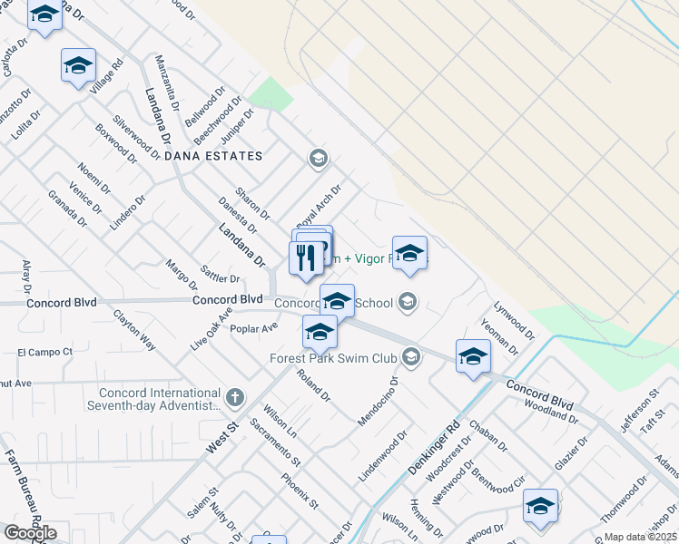 map of restaurants, bars, coffee shops, grocery stores, and more near 1722 Sapling Court in Concord