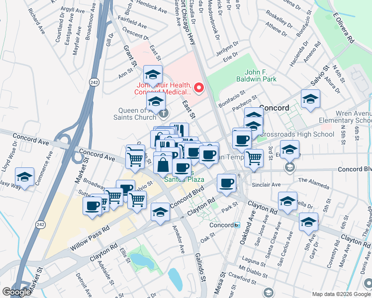map of restaurants, bars, coffee shops, grocery stores, and more near 2151 Grant Street in Concord
