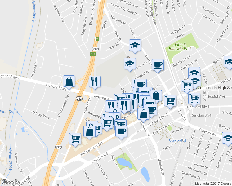 map of restaurants, bars, coffee shops, grocery stores, and more near 1965 Bonifacio Street in Concord