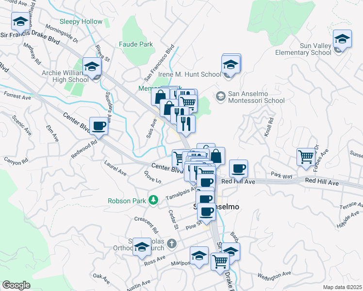 map of restaurants, bars, coffee shops, grocery stores, and more near 19 Madrone Avenue in San Anselmo