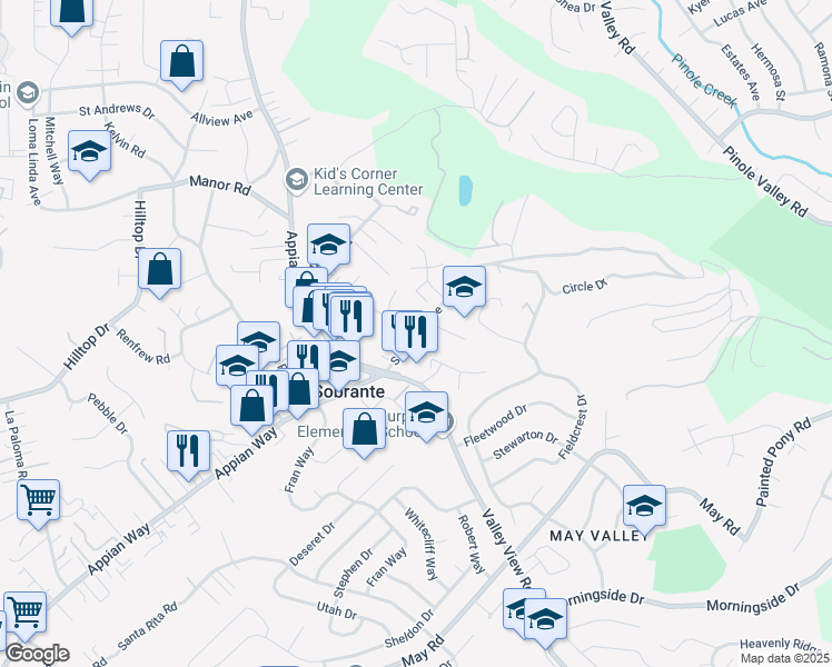 map of restaurants, bars, coffee shops, grocery stores, and more near Sobrante Avenue & Thompson Lane in El Sobrante