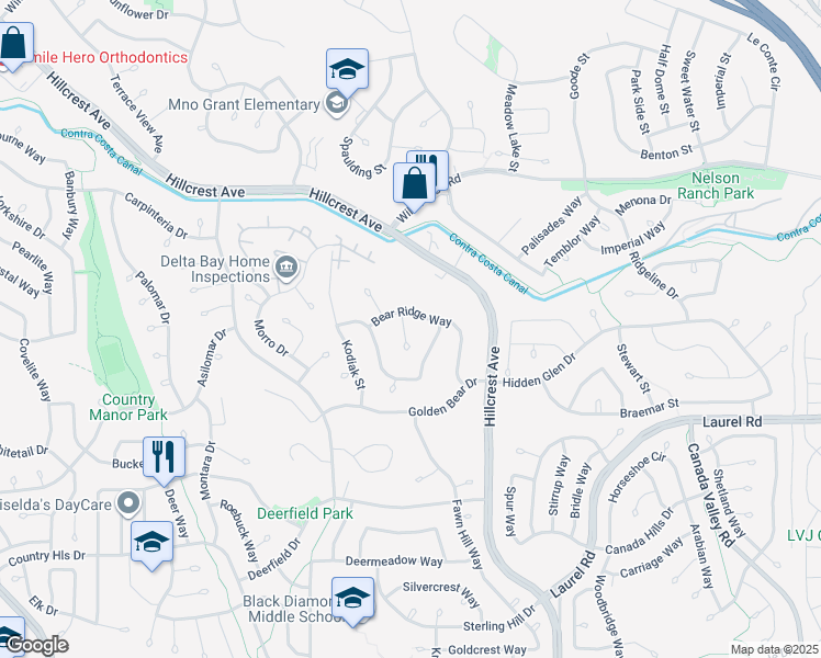 map of restaurants, bars, coffee shops, grocery stores, and more near 3238 Panda Court in Antioch