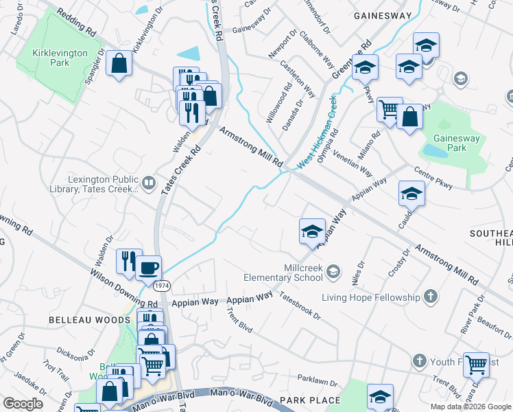 map of restaurants, bars, coffee shops, grocery stores, and more near 3644 Leisure Creek Court in Lexington