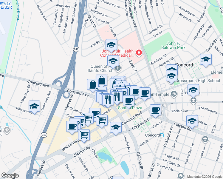 map of restaurants, bars, coffee shops, grocery stores, and more near 2054 Bonifacio Street in Concord